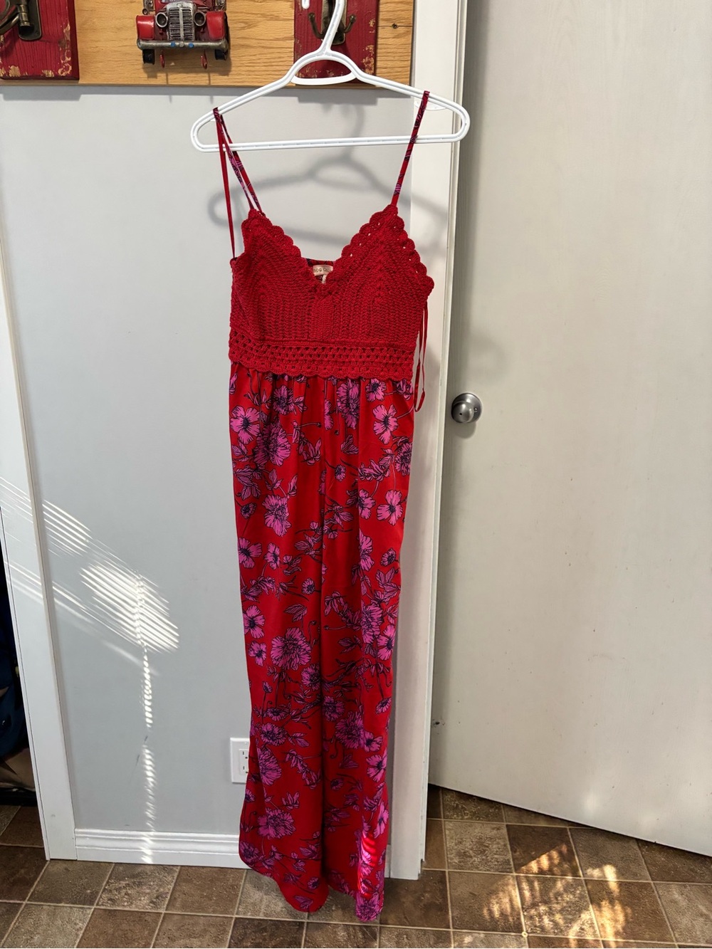 Crochet-Top Floral Jumpsuit - Red